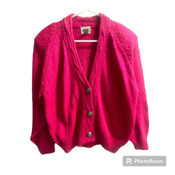 Vintage 80s Wye Oaks‎ Barbie Pink Knit Cardigan Button Front Oversized Small - Picture 1 of 7